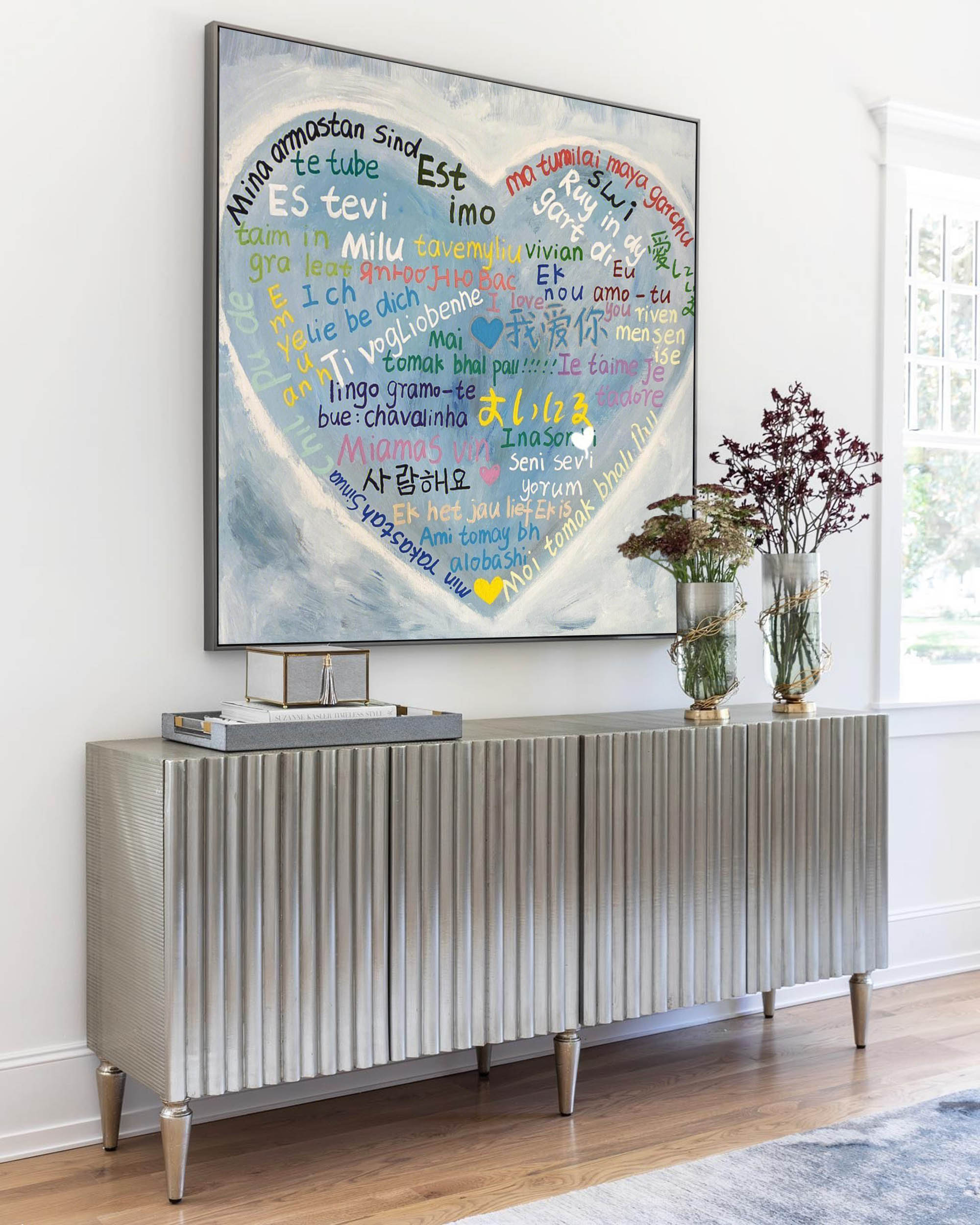 Multilingual Love Heart Abstract Painting – Inspiring Wall Art Decor