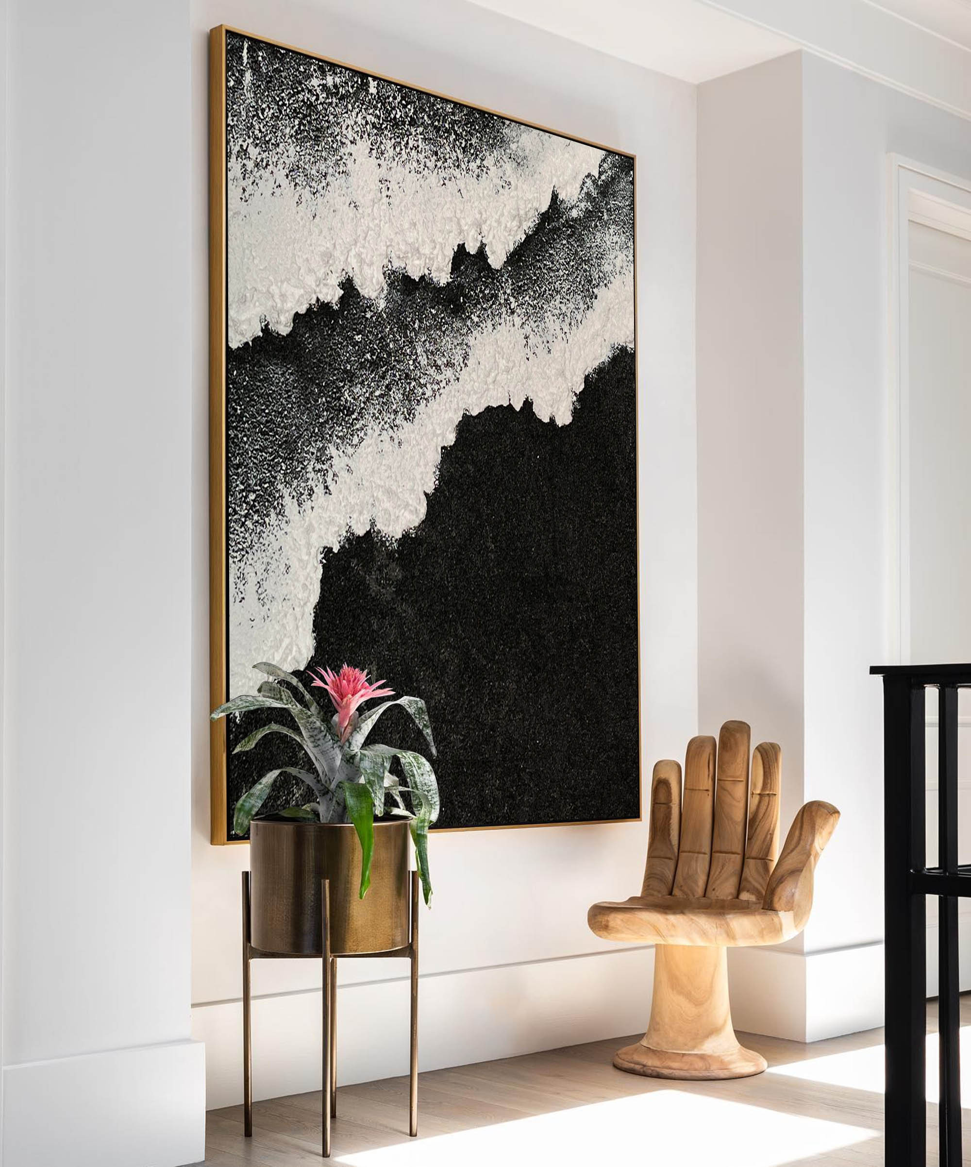 Abstract Black and White Ocean Wave Textured Canvas Art