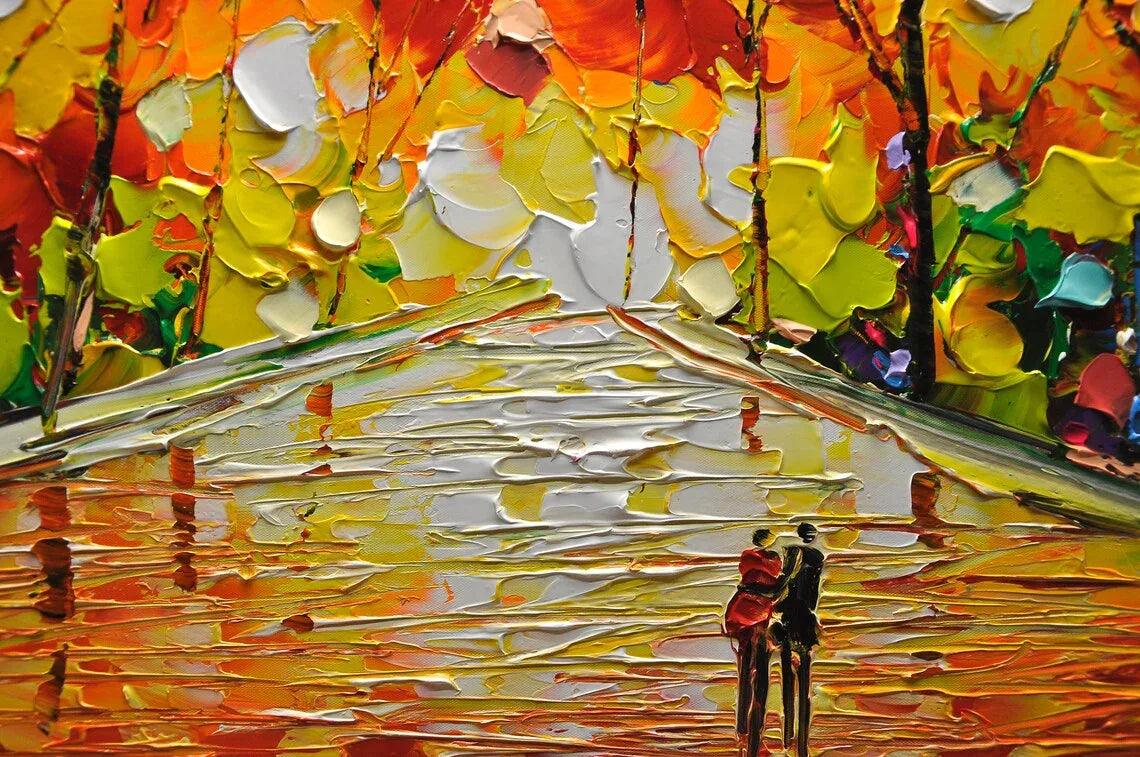 Romantic Stroll - Vibrant Abstract Oil Painting of a Colorful Park Path - artextured