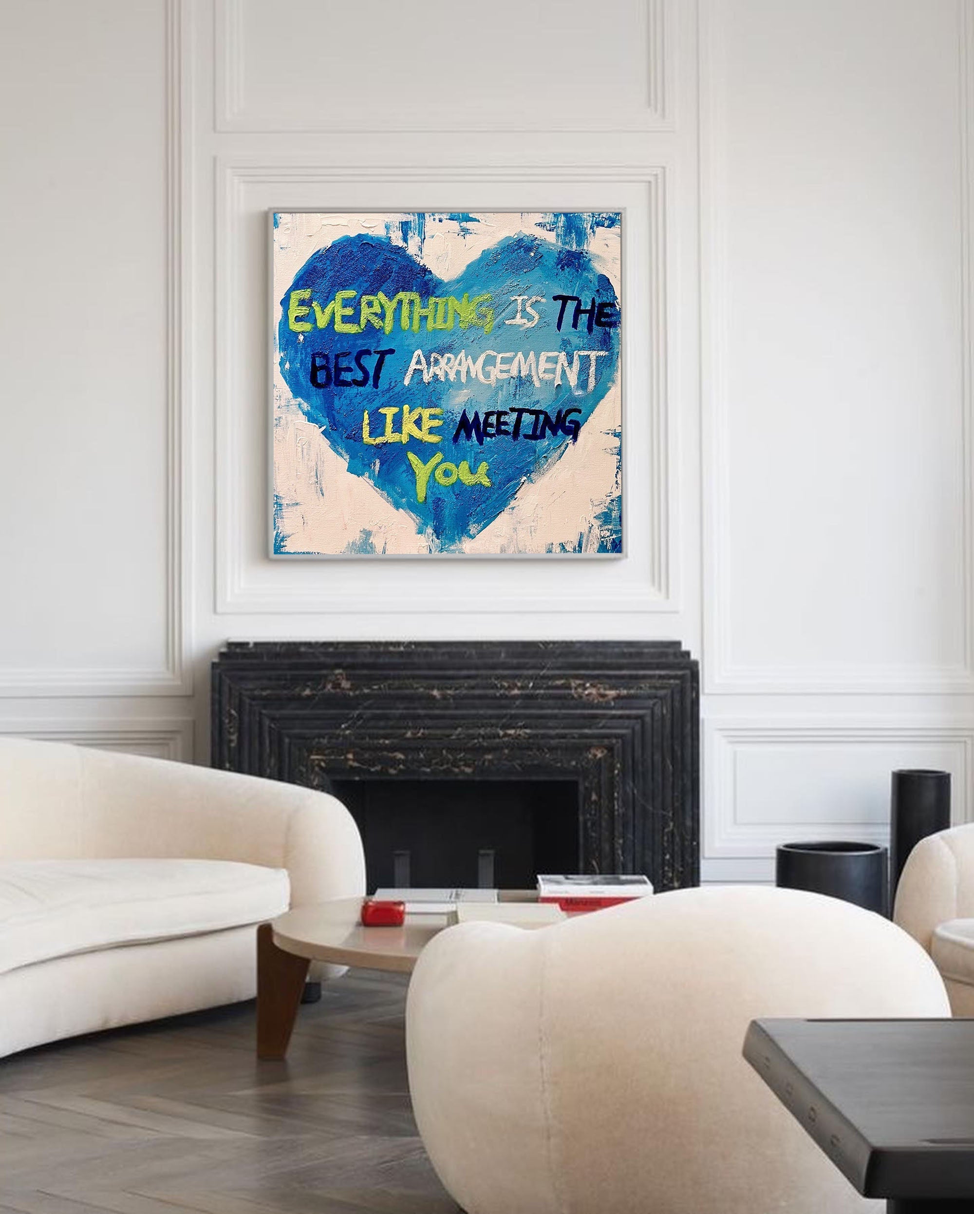 Blue Heart Abstract Oil Painting – Blue Heart 3D Graffiti Inspirational Text Wall Art
