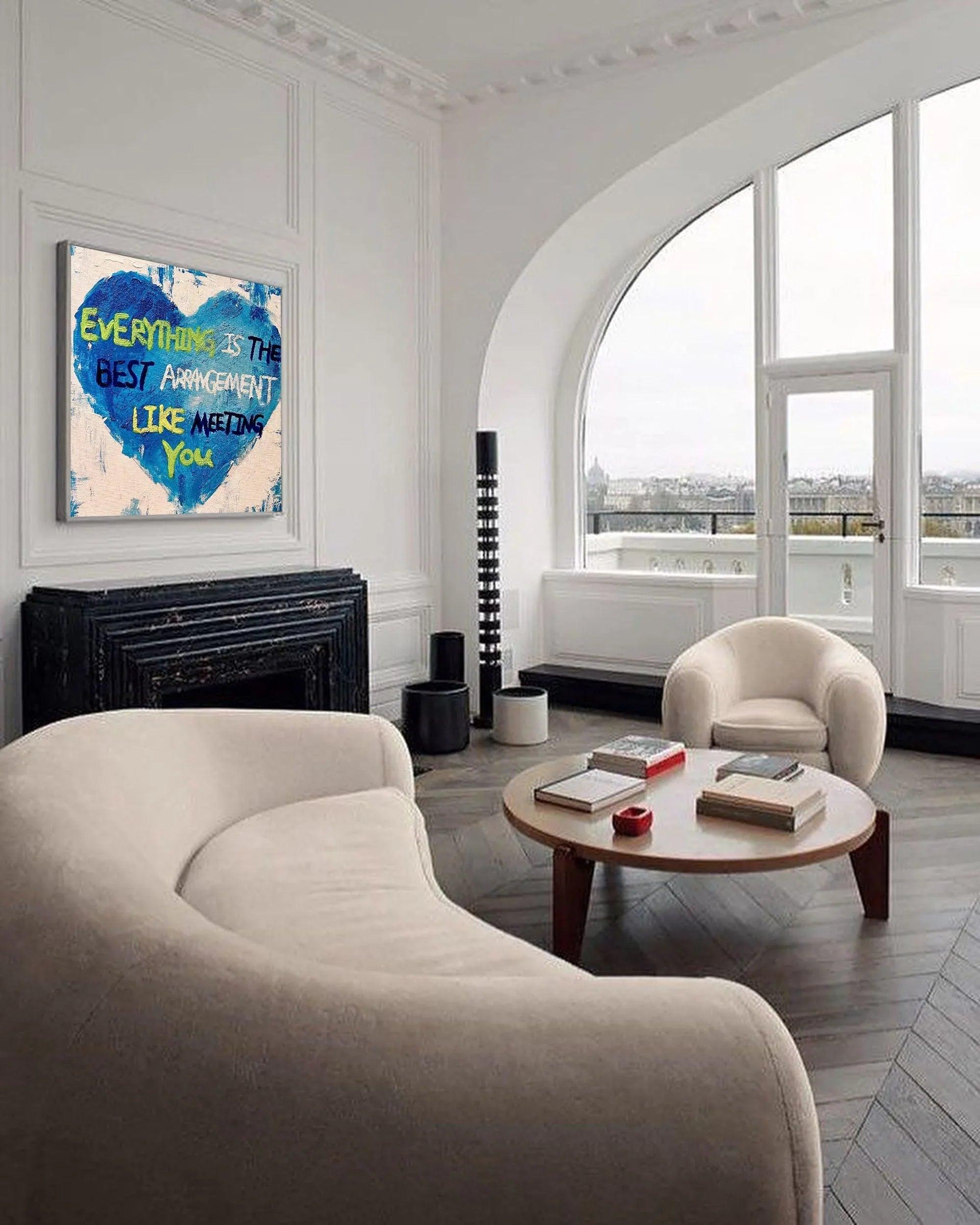 Blue Heart Abstract Oil Painting – Blue Heart 3D Graffiti Inspirational Text Wall Art - artextured