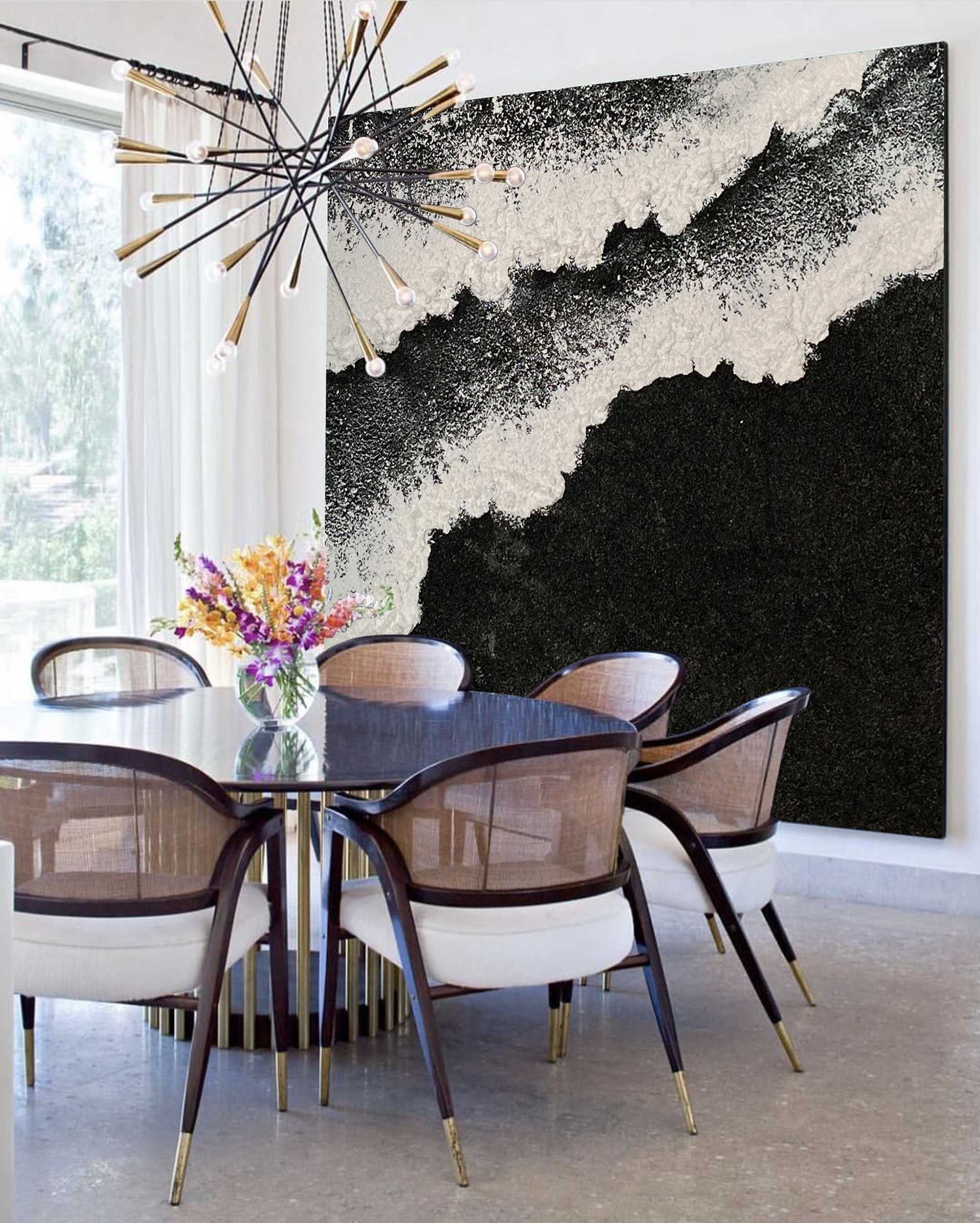 Abstract Black and White Ocean Wave Textured Canvas Art