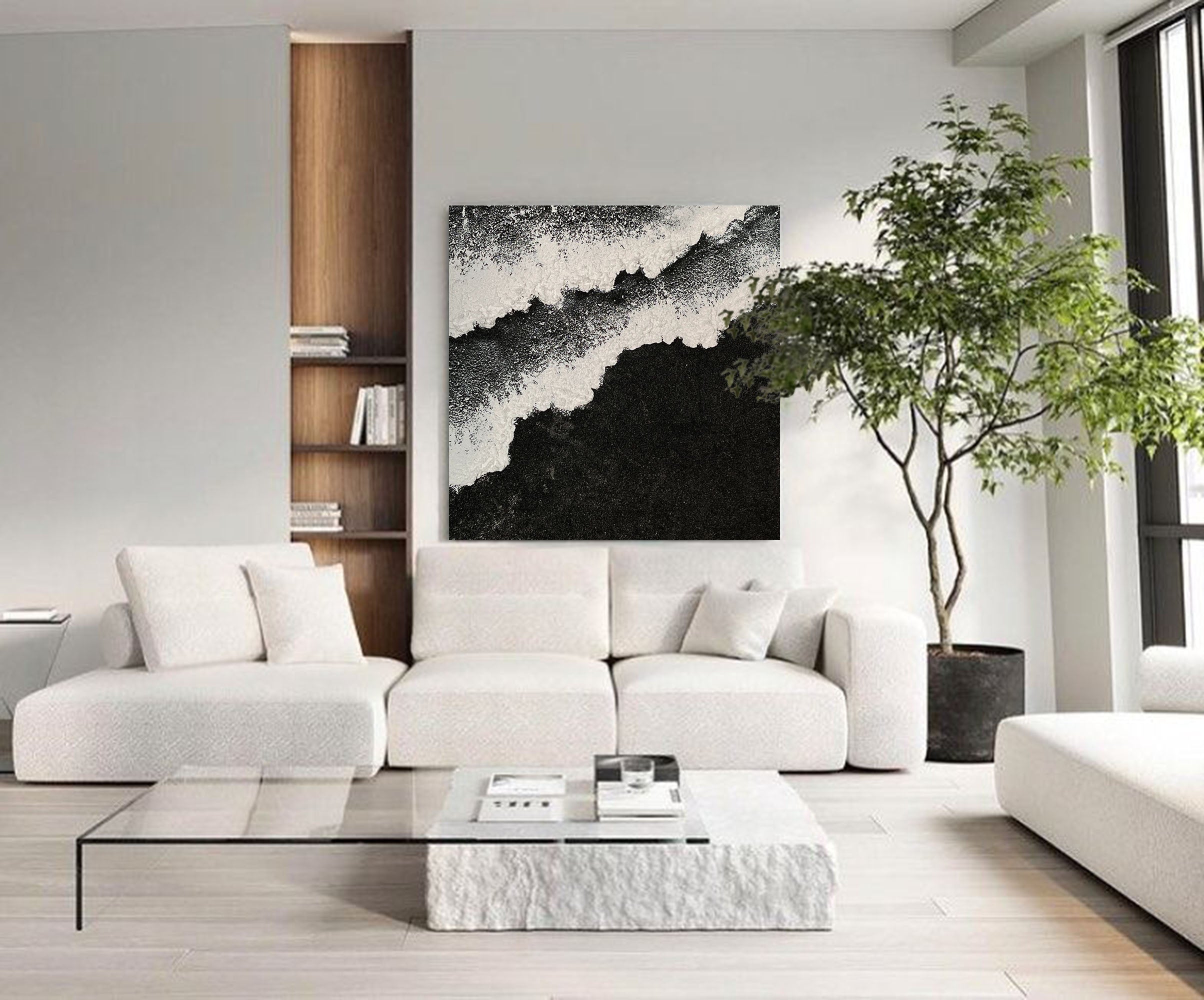 Abstract Black and White Ocean Wave Textured Canvas Art