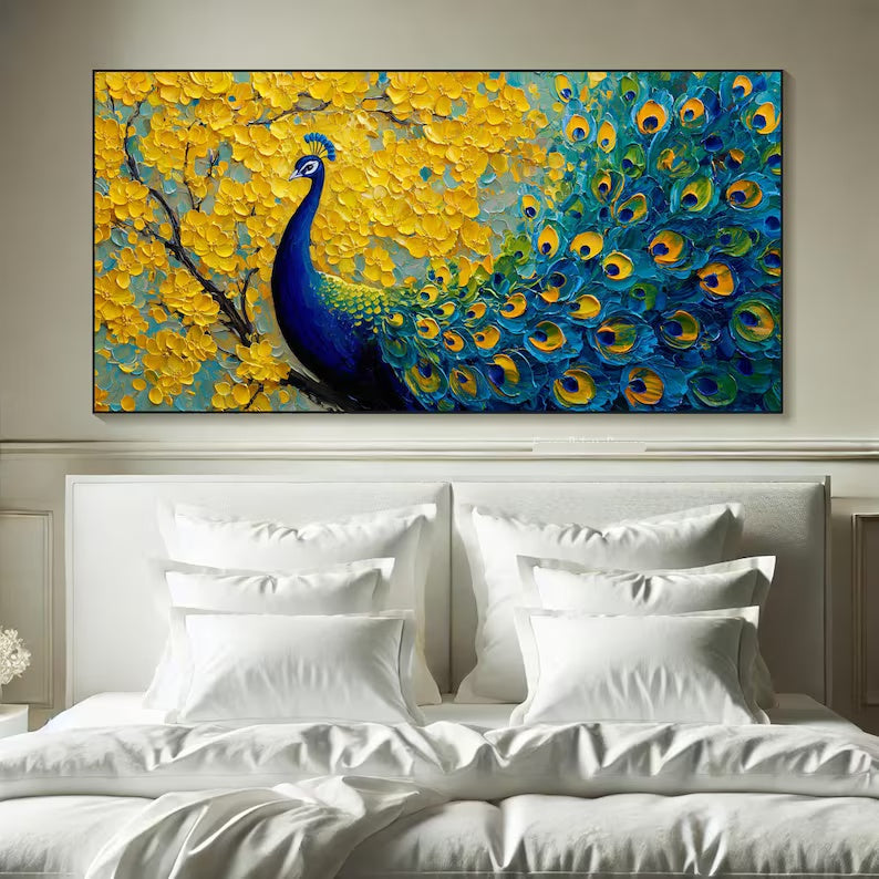 Radiant Plume - Textured Peacock Canvas Painting#AB0602002