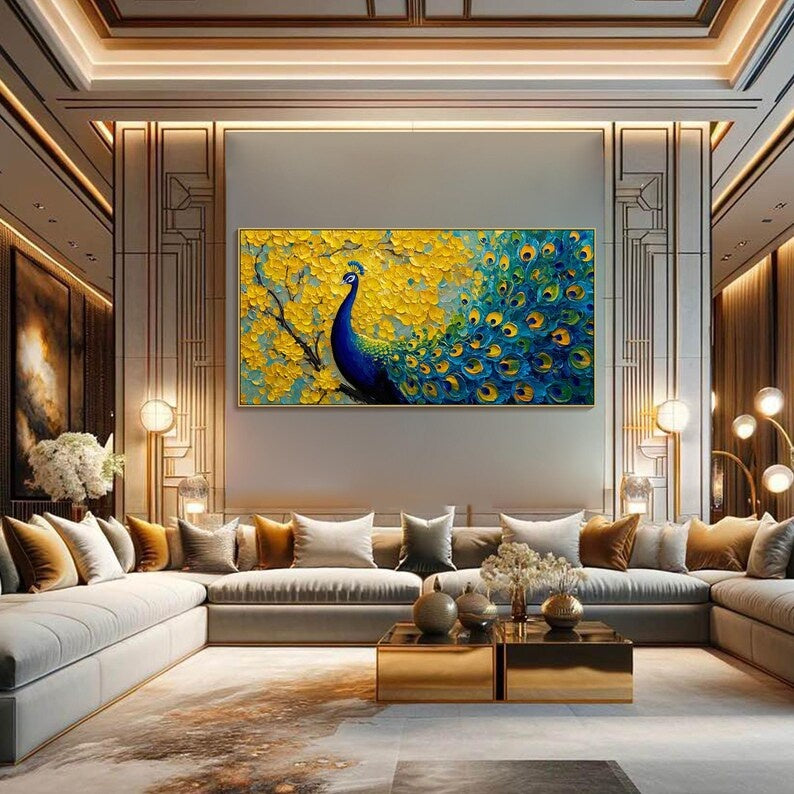 Radiant Plume - Textured Peacock Canvas Painting#AB0602002