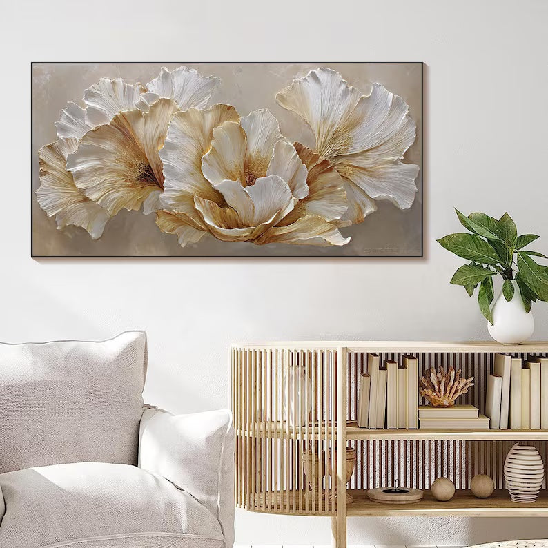 Ivory Blossom Harmony - Textured White Floral Canvas Painting#AB0602015