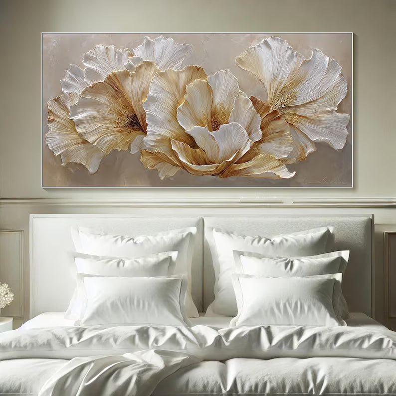 Ivory Blossom Harmony - Textured White Floral Canvas Painting#AB0602015
