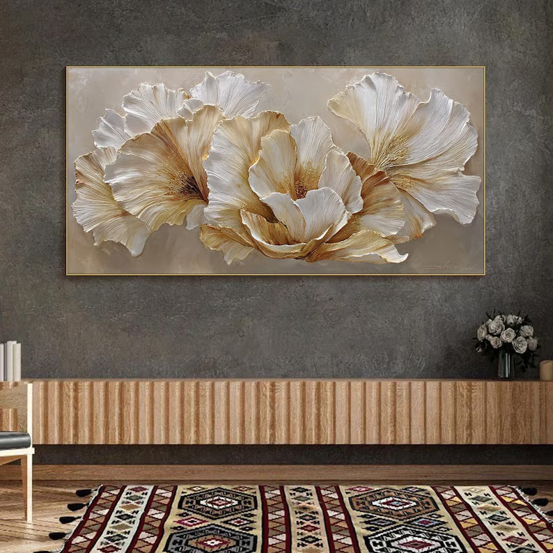 Ivory Blossom Harmony - Textured White Floral Canvas Painting#AB0602015