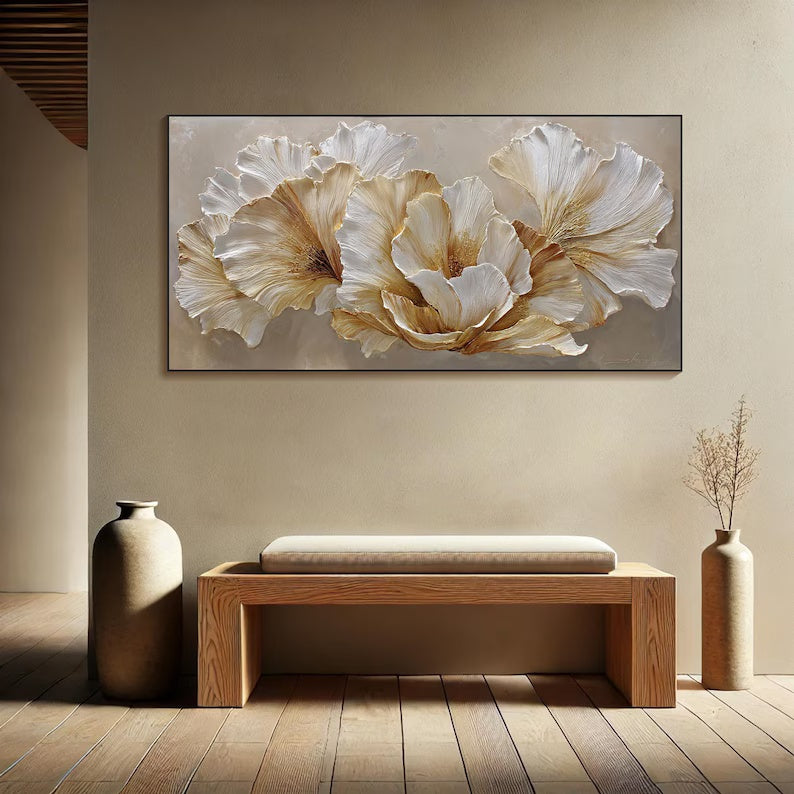 Ivory Blossom Harmony - Textured White Floral Canvas Painting#AB0602015