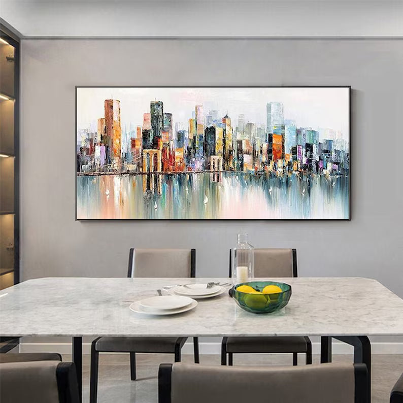 City Lights Reflection - Abstract City Skyline Canvas Painting#AB06020112