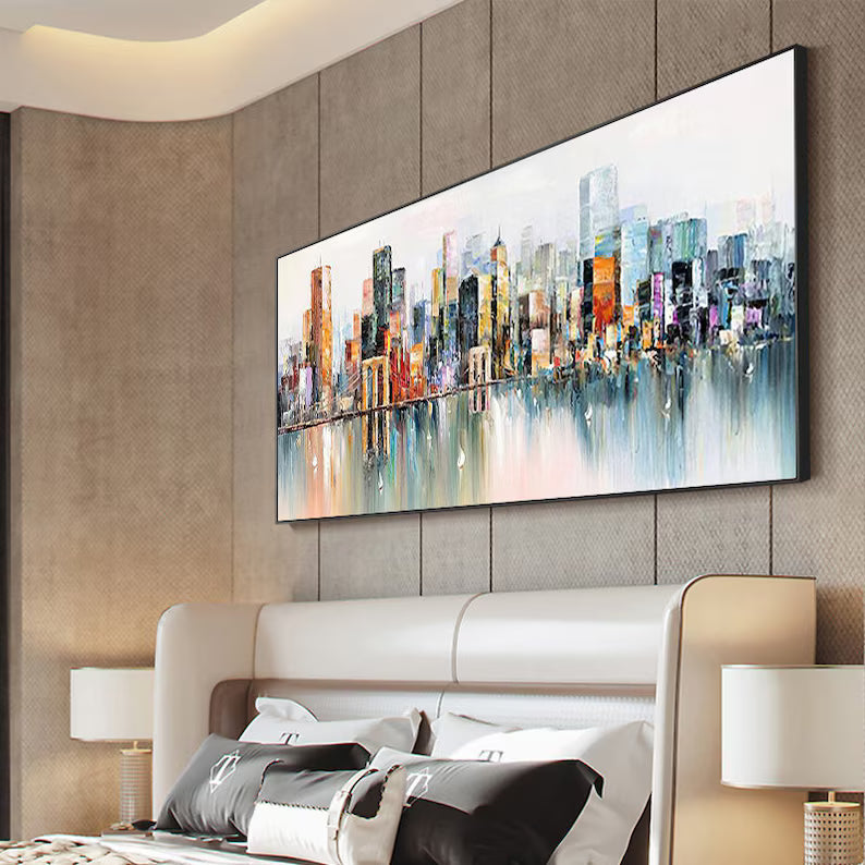 City Lights Reflection - Abstract City Skyline Canvas Painting#AB06020112