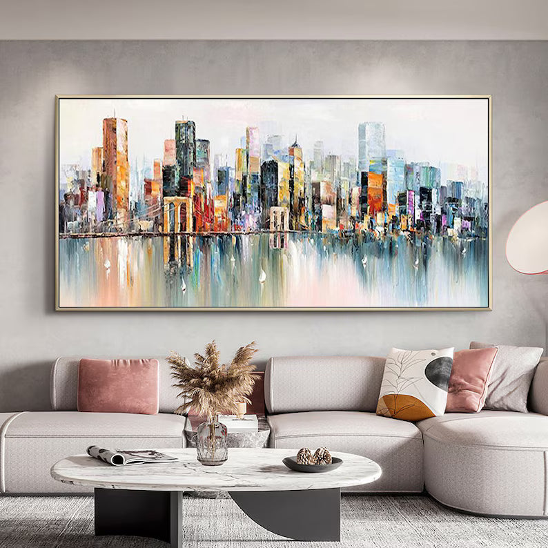 City Lights Reflection - Abstract City Skyline Canvas Painting#AB06020112