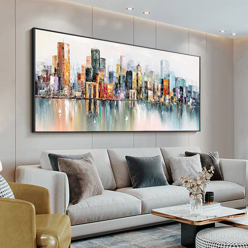 City Lights Reflection - Abstract City Skyline Canvas Painting#AB06020112