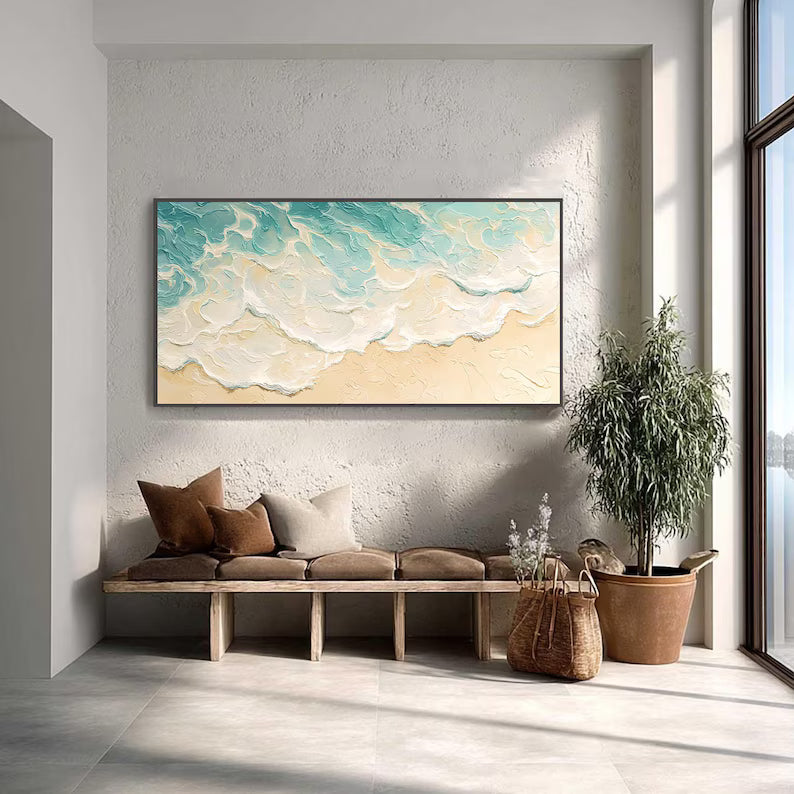 Aqua Shoreline - Textured Ocean Wave Canvas Painting#AB0602011
