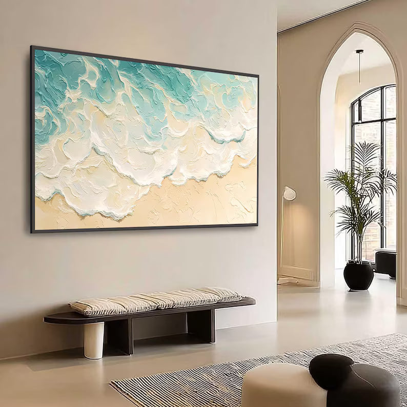 Aqua Shoreline - Textured Ocean Wave Canvas Painting#AB0602011
