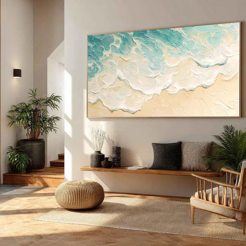 Aqua Shoreline - Textured Ocean Wave Canvas Painting#AB0602011