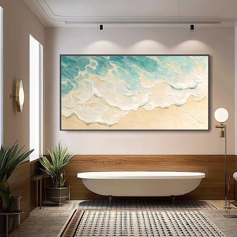 Aqua Shoreline - Textured Ocean Wave Canvas Painting#AB0602011