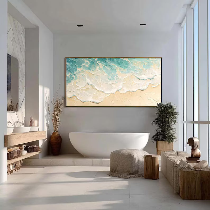 Aqua Shoreline - Textured Ocean Wave Canvas Painting#AB0602011