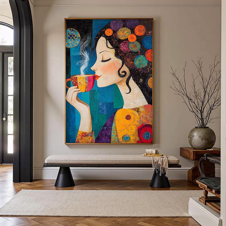 Morning Reverie - Colorful Woman Coffee Canvas Painting#AB0602007