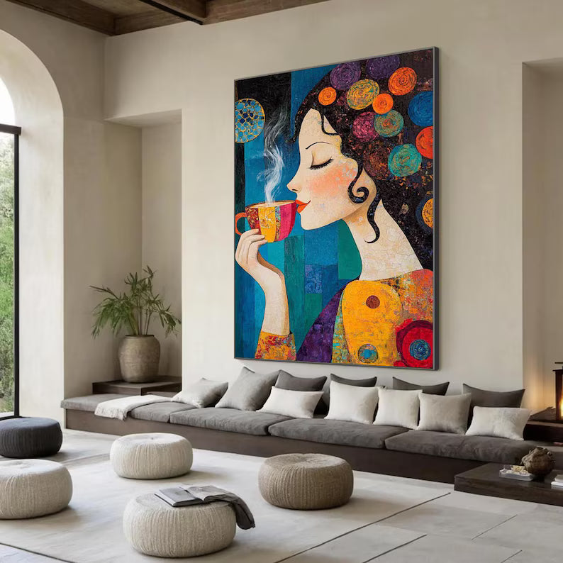 Morning Reverie - Colorful Woman Coffee Canvas Painting#AB0602007