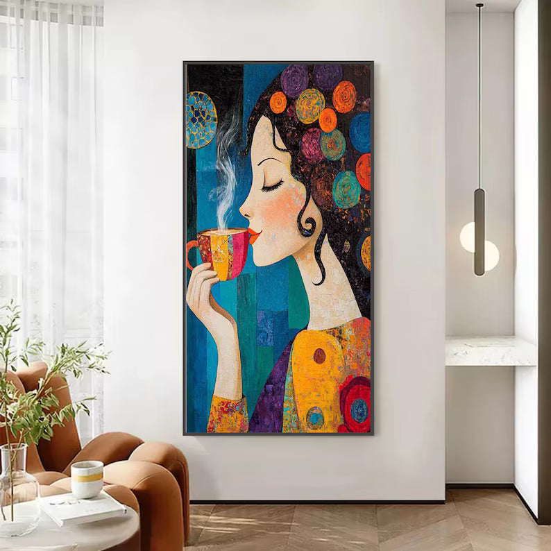 Morning Reverie - Colorful Woman Coffee Canvas Painting#AB0602007