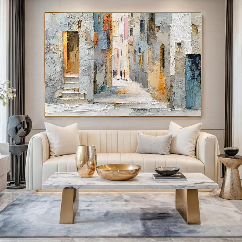 Sunlit Passage - Textured Urban Street Canvas Painting#AB0602008