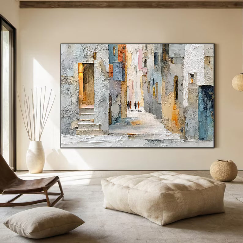 Sunlit Passage - Textured Urban Street Canvas Painting#AB0602008