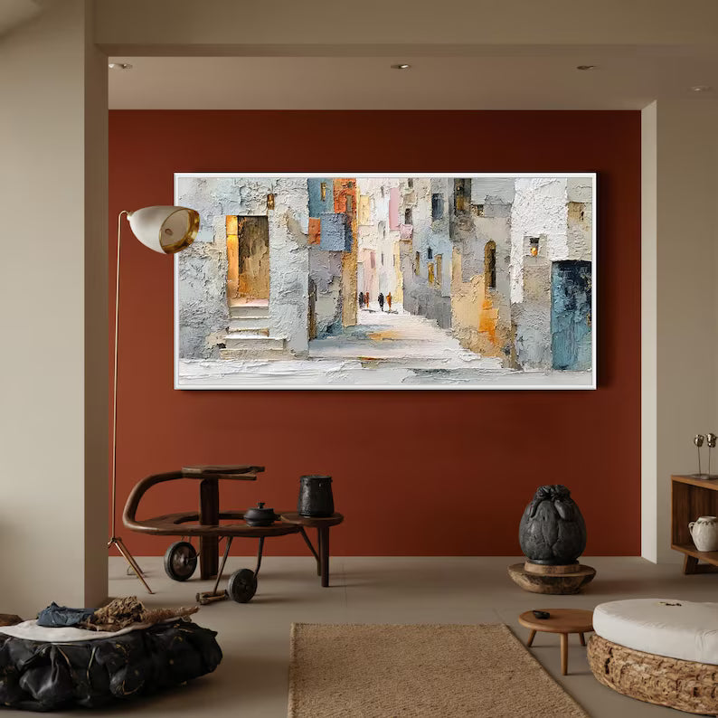 Sunlit Passage - Textured Urban Street Canvas Painting#AB0602008