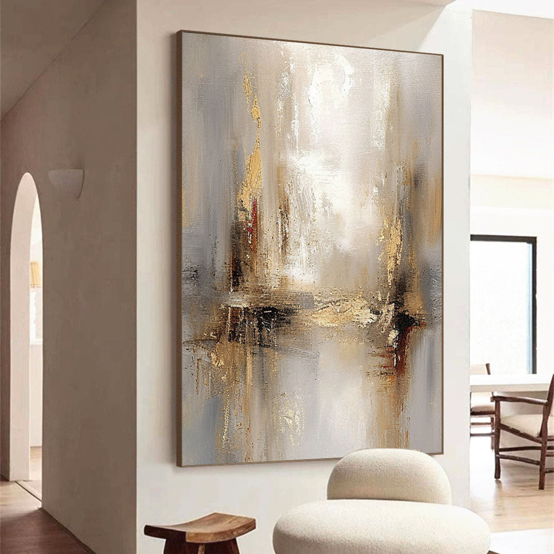 Grey And Beige Abstract Painting Gold Foil Texture Painting#AVG 00404