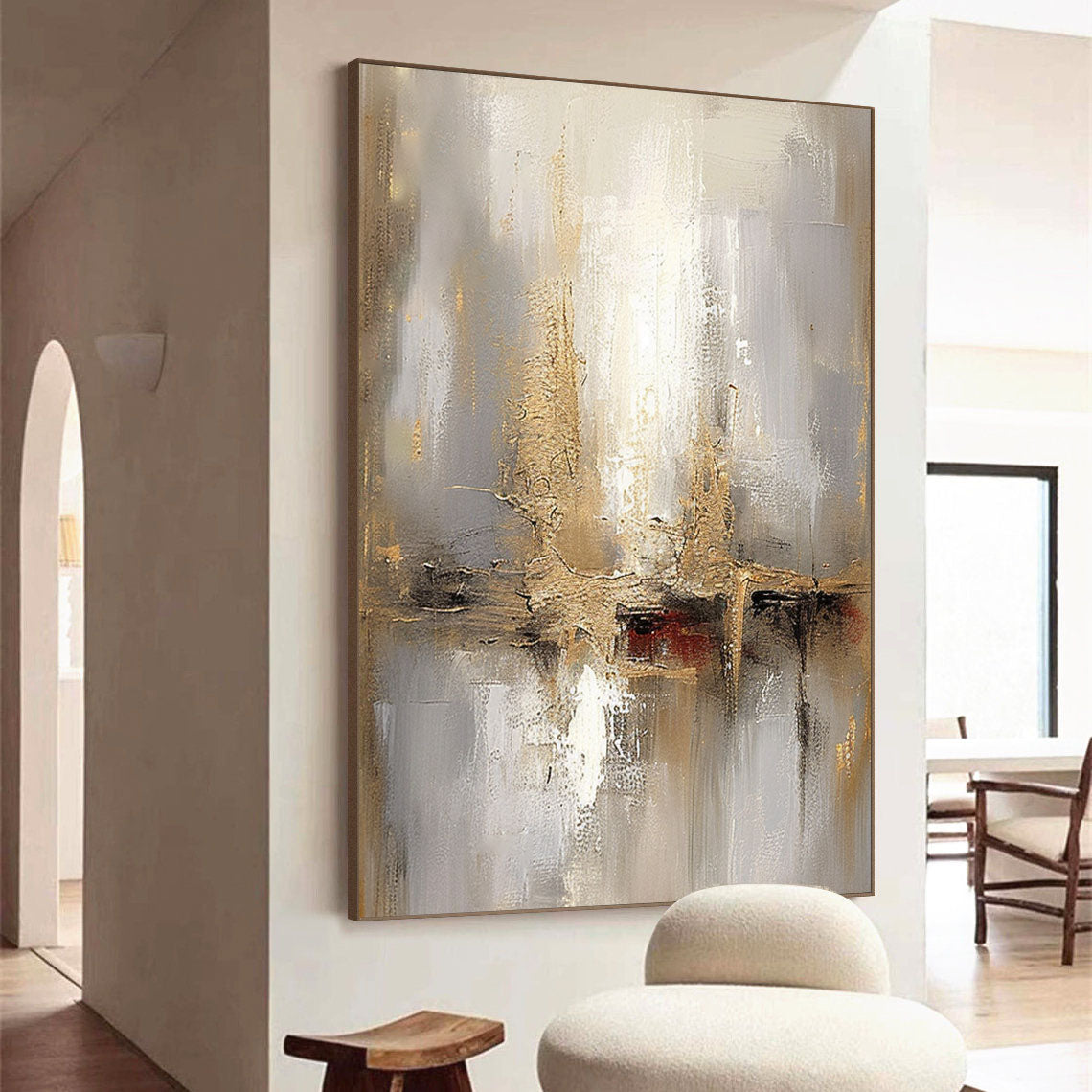 Grey And Beige Abstract Painting Gold Foil Texture Painting#AVG 00203