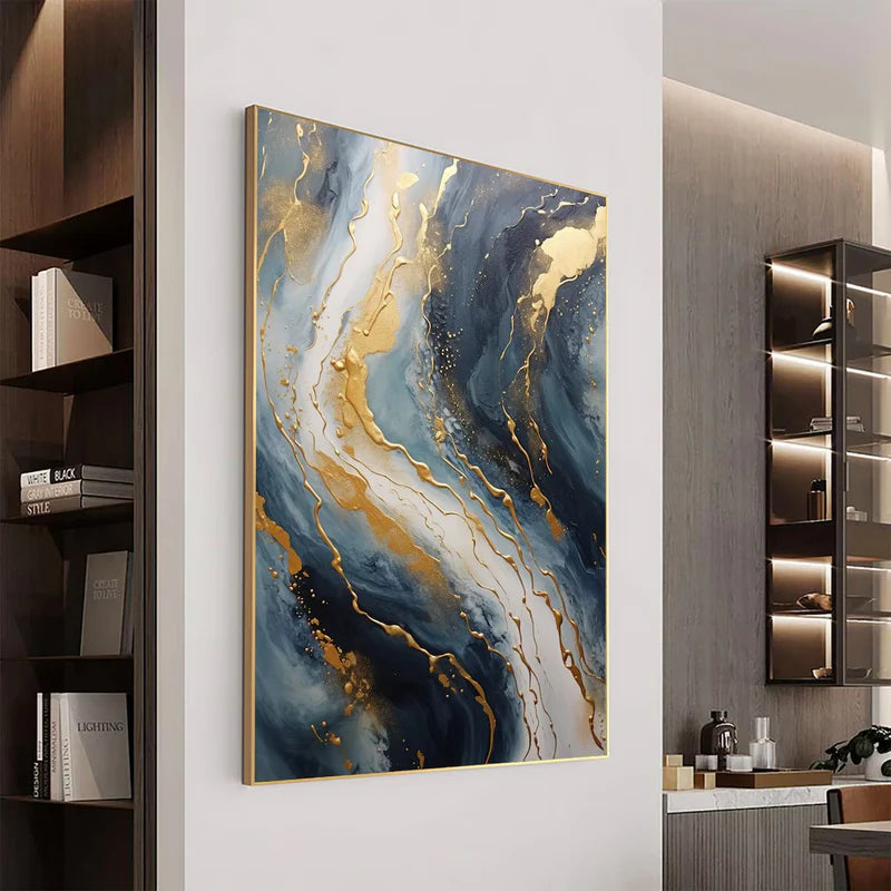 Abstract Blue & Gold Wall Art – Modern Textured Canvas Painting#AB0519056
