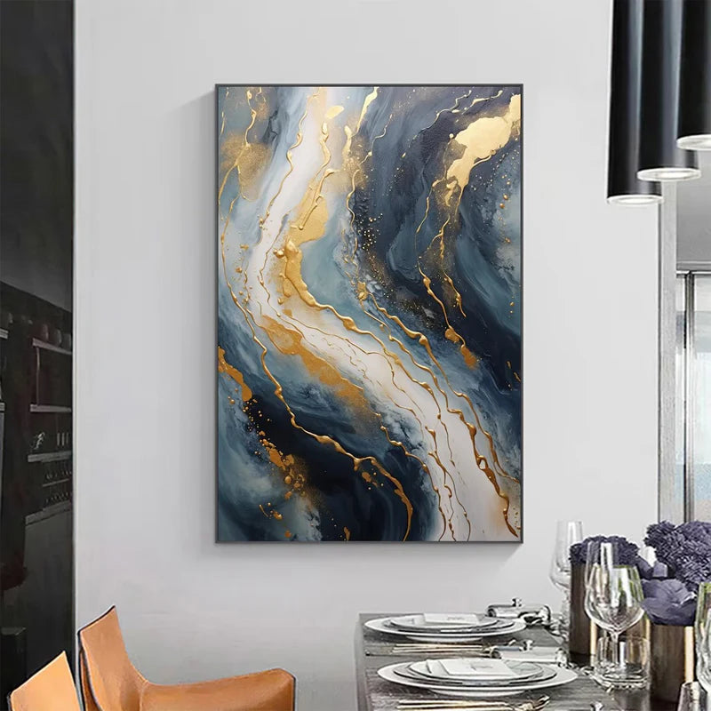 Abstract Blue & Gold Wall Art – Modern Textured Canvas Painting#AB0519056