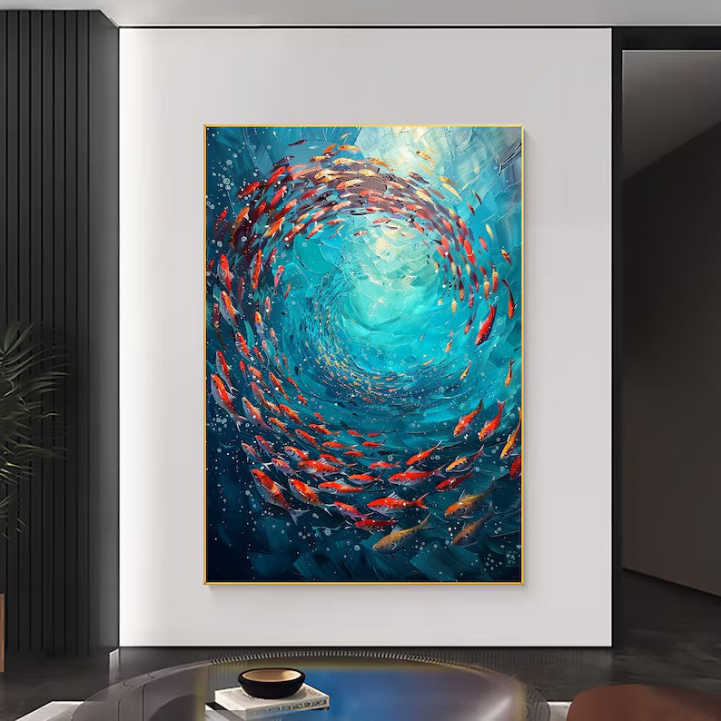 Whirling School – Textured Abstract Ocean Fish Wall Art