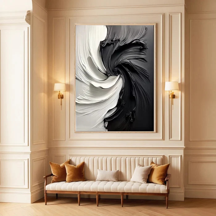 Eclipse Flow – Modern Hand-Painted Black and White Swirling Abstract Oil Painting Wall Art