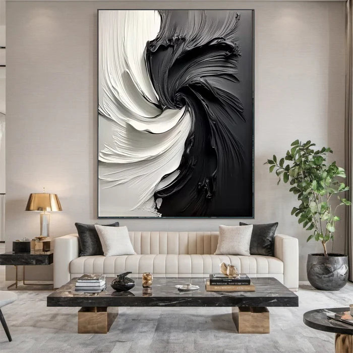 Eclipse Flow – Modern Hand-Painted Black and White Swirling Abstract Oil Painting Wall Art