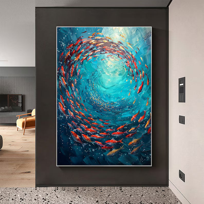 Whirling School – Textured Abstract Ocean Fish Wall Art
