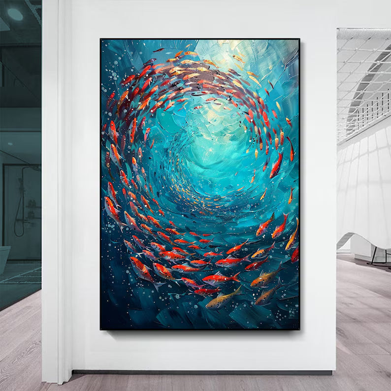 Whirling School – Textured Abstract Ocean Fish Wall Art
