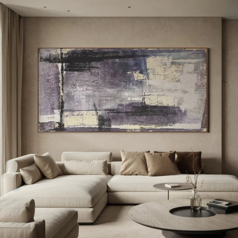 Violet Fragments – Textured Abstract Wall Art in Purple, Grey and Cream#AB14035