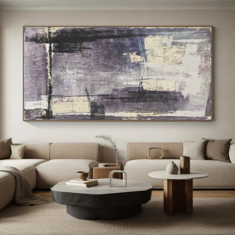 Violet Fragments – Textured Abstract Wall Art in Purple, Grey and Cream#AB14035