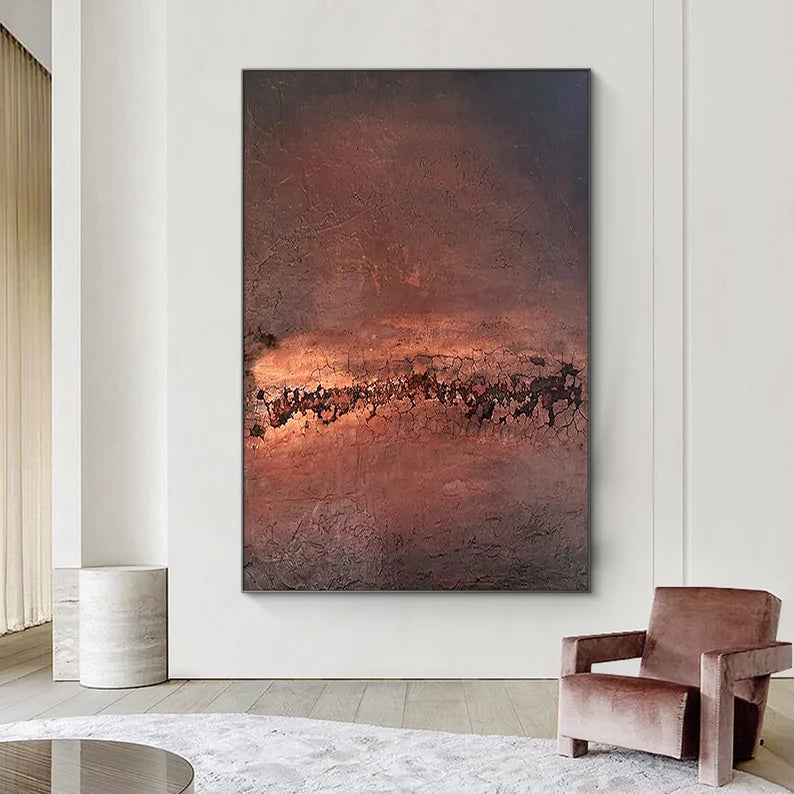 Ember Horizon – Textured Abstract Wall Art in Rust Red and Dark Earth Tones#AB14036