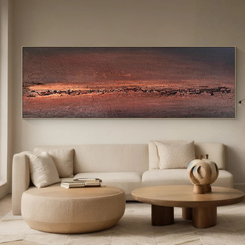 Ember Horizon – Textured Abstract Wall Art in Rust Red and Dark Earth Tones#AB14036