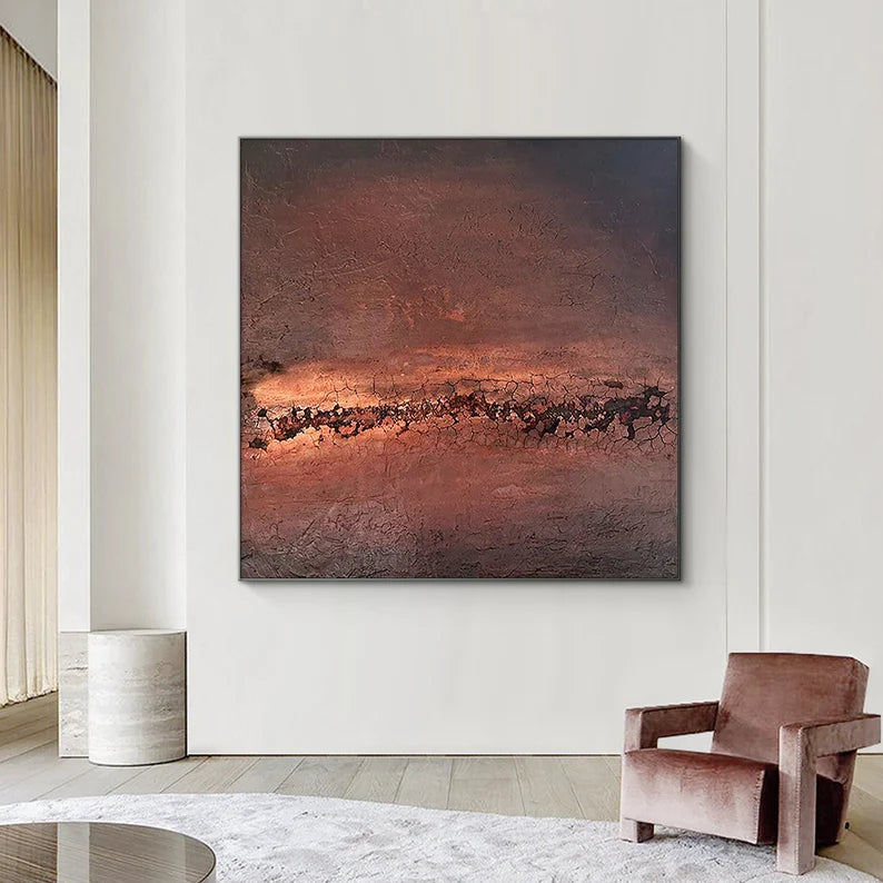 Ember Horizon – Textured Abstract Wall Art in Rust Red and Dark Earth Tones#AB14036