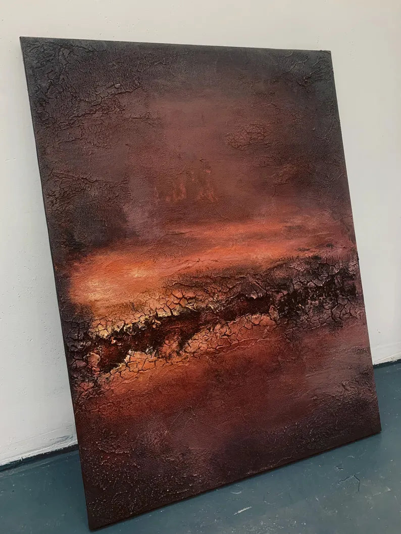 Ember Horizon – Textured Abstract Wall Art in Rust Red and Dark Earth Tones#AB14036
