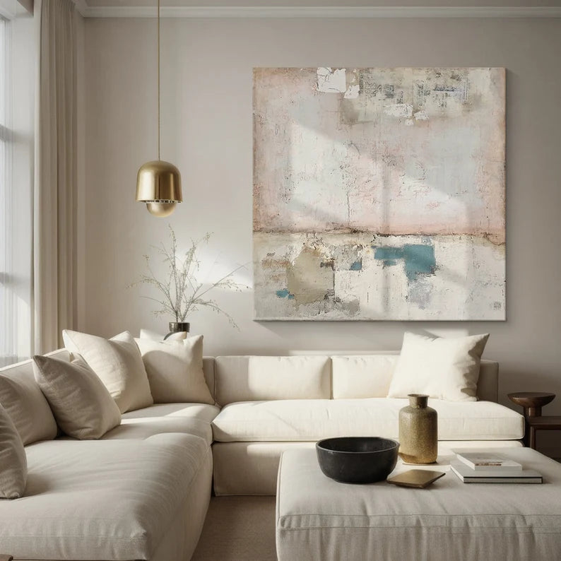 Faded Memory – Textured Abstract Wall Art in Blush Pink, Beige and Teal#AB14037