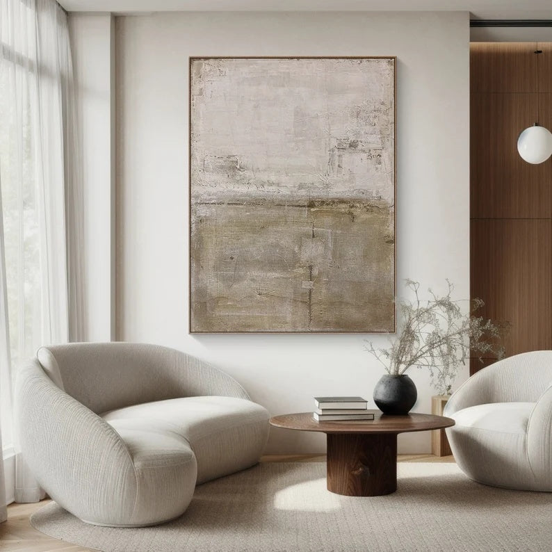 Quiet Meadow – Neutral Textured Abstract Wall Art in Earth Green and Beige#AB14038