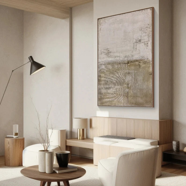 Quiet Meadow – Neutral Textured Abstract Wall Art in Earth Green and Beige#AB14038