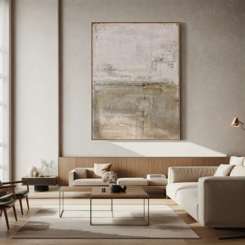 Quiet Meadow – Neutral Textured Abstract Wall Art in Earth Green and Beige#AB14038