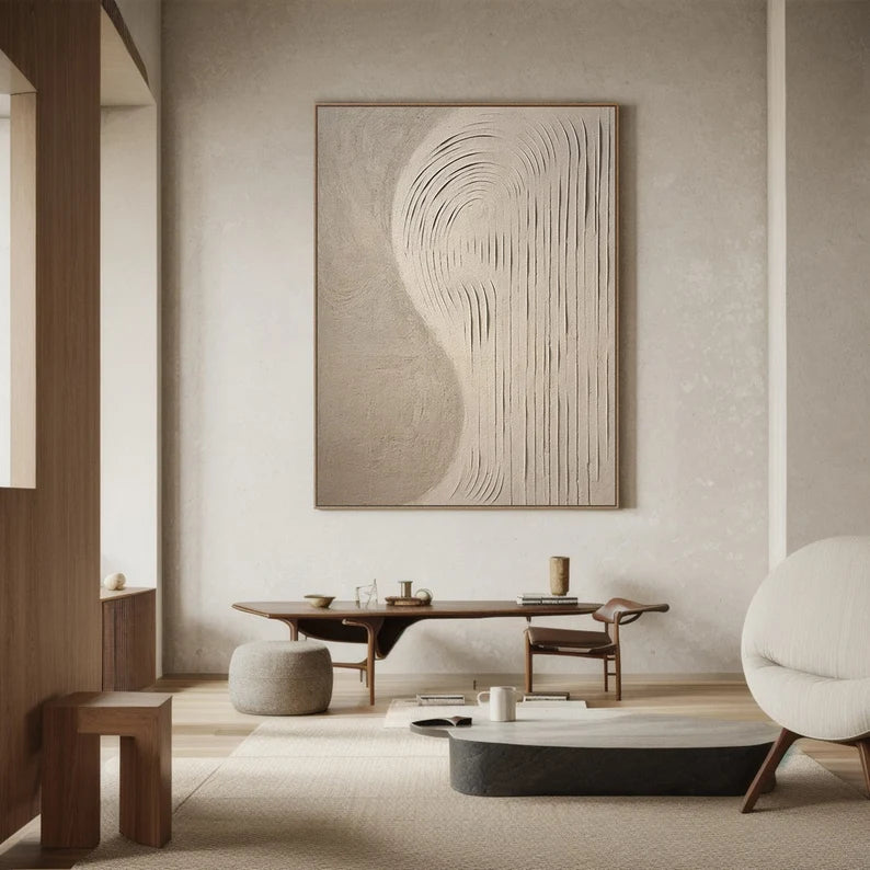 Echoes of Sand – 3D Textured Neutral Wall Art with Curved Carved Lines#AB14039
