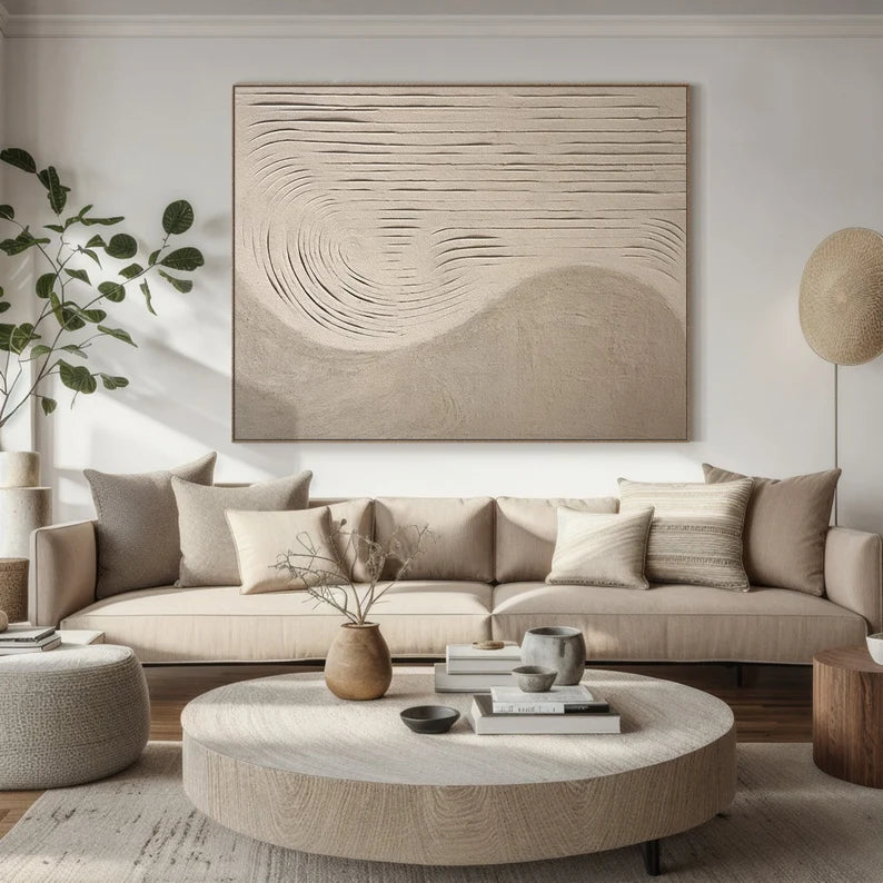 Echoes of Sand – 3D Textured Neutral Wall Art with Curved Carved Lines#AB14039