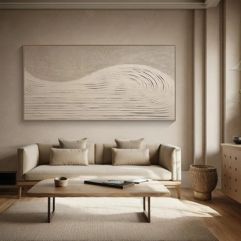 Echoes of Sand – 3D Textured Neutral Wall Art with Curved Carved Lines#AB14039